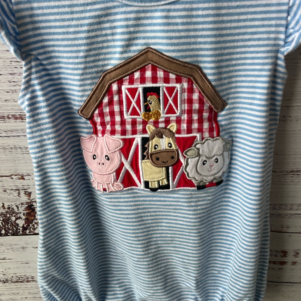 Stitchy Fish // Blue Striped Kids Romper with Barn Appliqué Size 9 Months - Picture 2 of 5